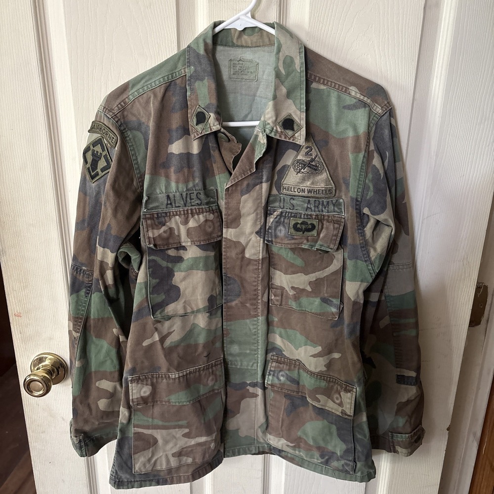 Us Army Ranger Airborne Woodland Camo Bdu Long Sleeve Combat Shirt Medium Reg